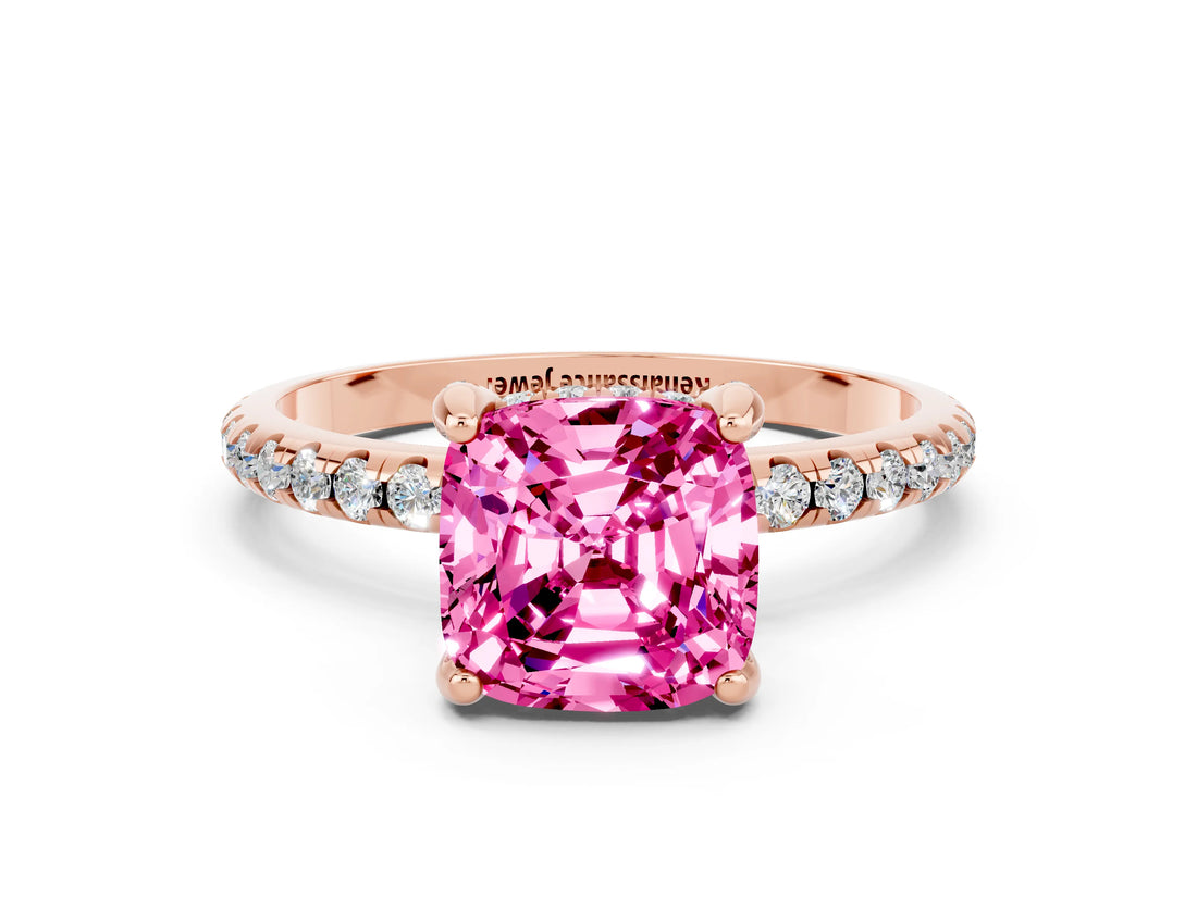 Rose gold Cushion Cut Diamond Solitaire Ring with Four-Prong Setting and Pavé Band