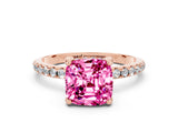 Rose gold Cushion Cut Diamond Solitaire Ring with Four-Prong Setting and Pavé Band