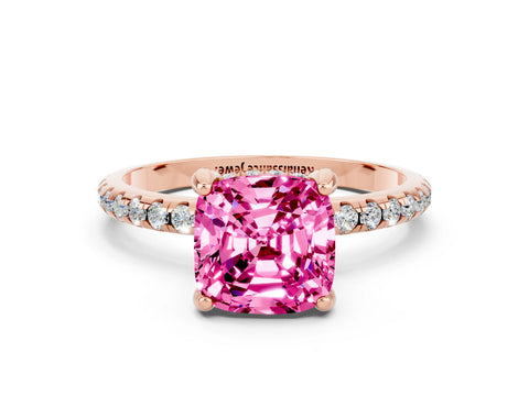 Rose gold Cushion Cut Diamond Solitaire Ring with Four-Prong Setting and Pavé Band