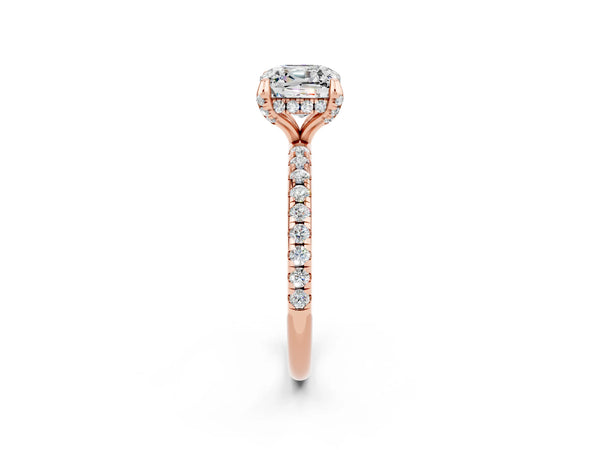 Rose gold Cushion Cut Moissanite Hidden Halo Engagement Ring with Round Pavé Band and Prong Setting