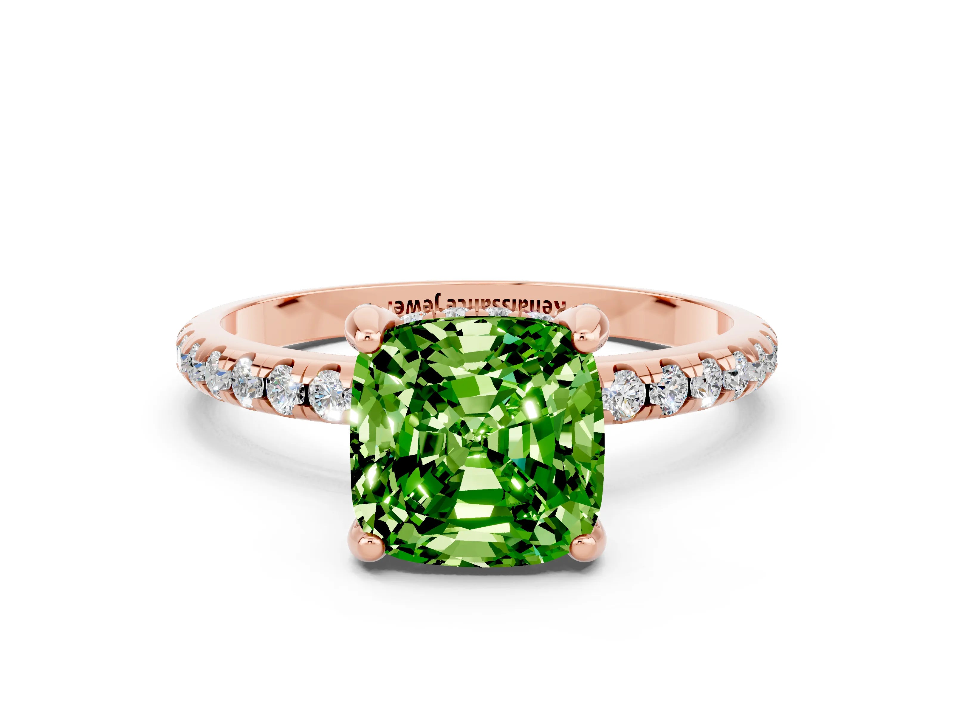 Rose gold Cushion Cut Diamond Solitaire Ring with Four-Prong Setting and Pavé Band