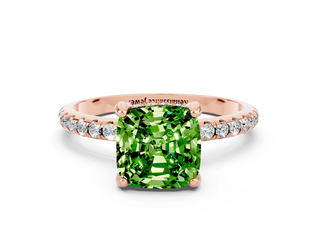 Rose gold Cushion Cut Diamond Solitaire Ring with Four-Prong Setting and Pavé Band