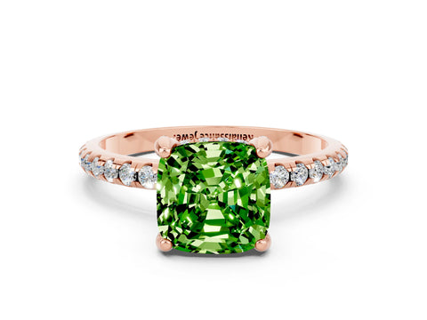 Rose gold Cushion Cut Diamond Solitaire Ring with Four-Prong Setting and Pavé Band