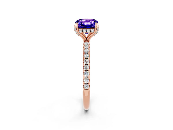 Rose gold Cushion Cut Tanzanite Hidden Halo Engagement Ring with Round Pavé Band and Prong Setting