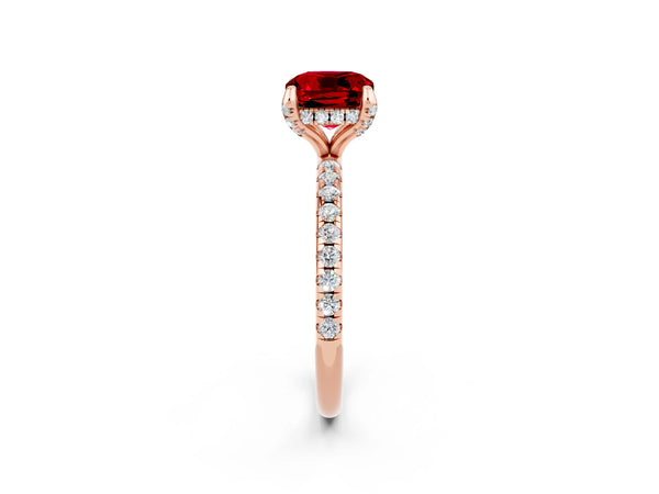 Rose gold Cushion Cut Diamond Solitaire Ring with Four-Prong Setting and Pavé Band