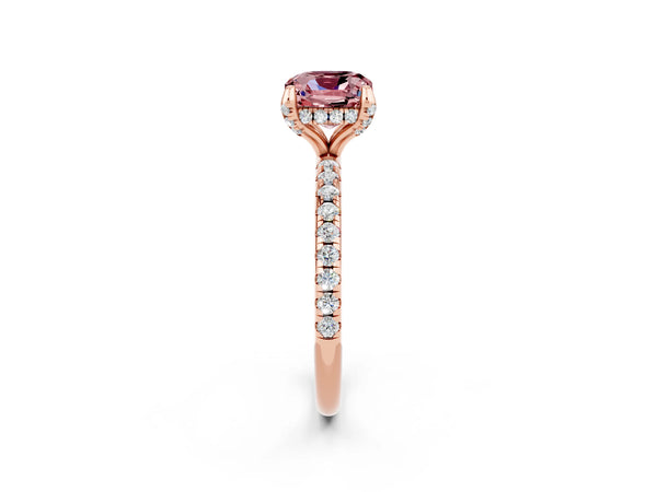 Rose gold Cushion Cut Diamond Solitaire Ring with Four-Prong Setting and Pavé Band