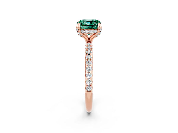 Rose gold Cushion Cut Green Sapphire Hidden Halo Engagement Ring with Round Pavé Band and Prong Setting