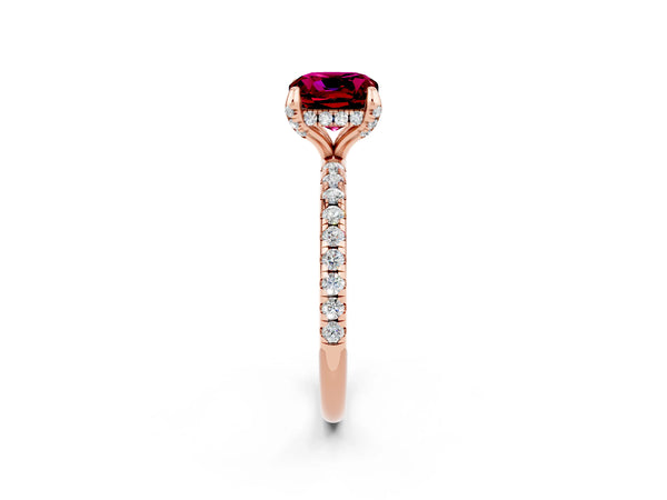 Rose gold Cushion Cut Garnet Hidden Halo Engagement Ring with Round Pavé Band and Prong Setting