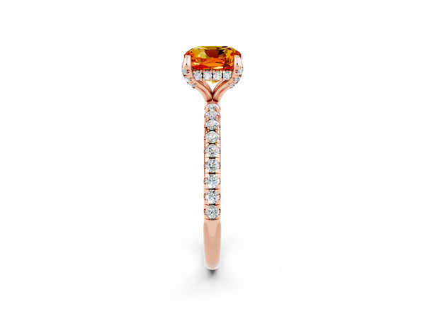 Rose gold Cushion Cut Citrine Hidden Halo Engagement Ring with Round Pavé Band and Prong Setting