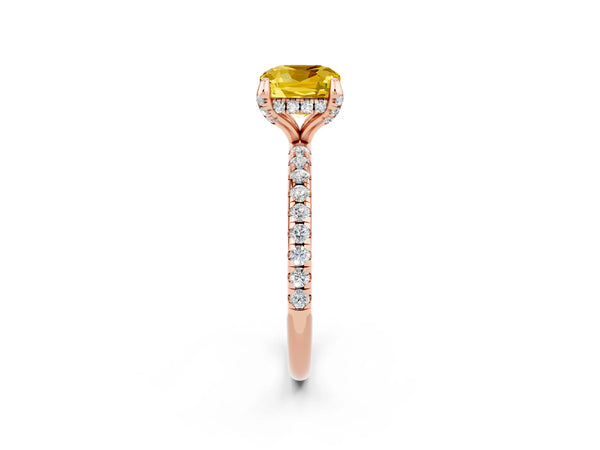 Rose gold Cushion Cut Yellow Sapphire Hidden Halo Engagement Ring with Round Pavé Band and Prong Setting
