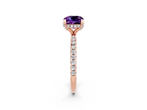 Rose gold Cushion Cut Amethyst Hidden Halo Engagement Ring with Round Pavé Band and Prong Setting