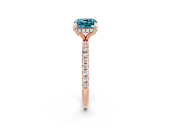 Rose gold Cushion Cut Diamond Solitaire Ring with Four-Prong Setting and Pavé Band