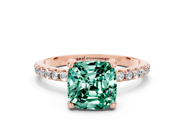 Rose gold Cushion Cut Green Sapphire Hidden Halo Engagement Ring with Round Pavé Band and Prong Setting