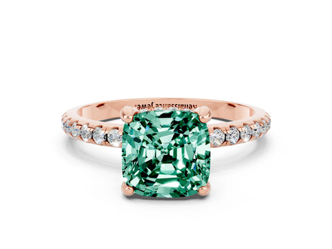Rose gold Cushion Cut Diamond Solitaire Ring with Four-Prong Setting and Pavé Band