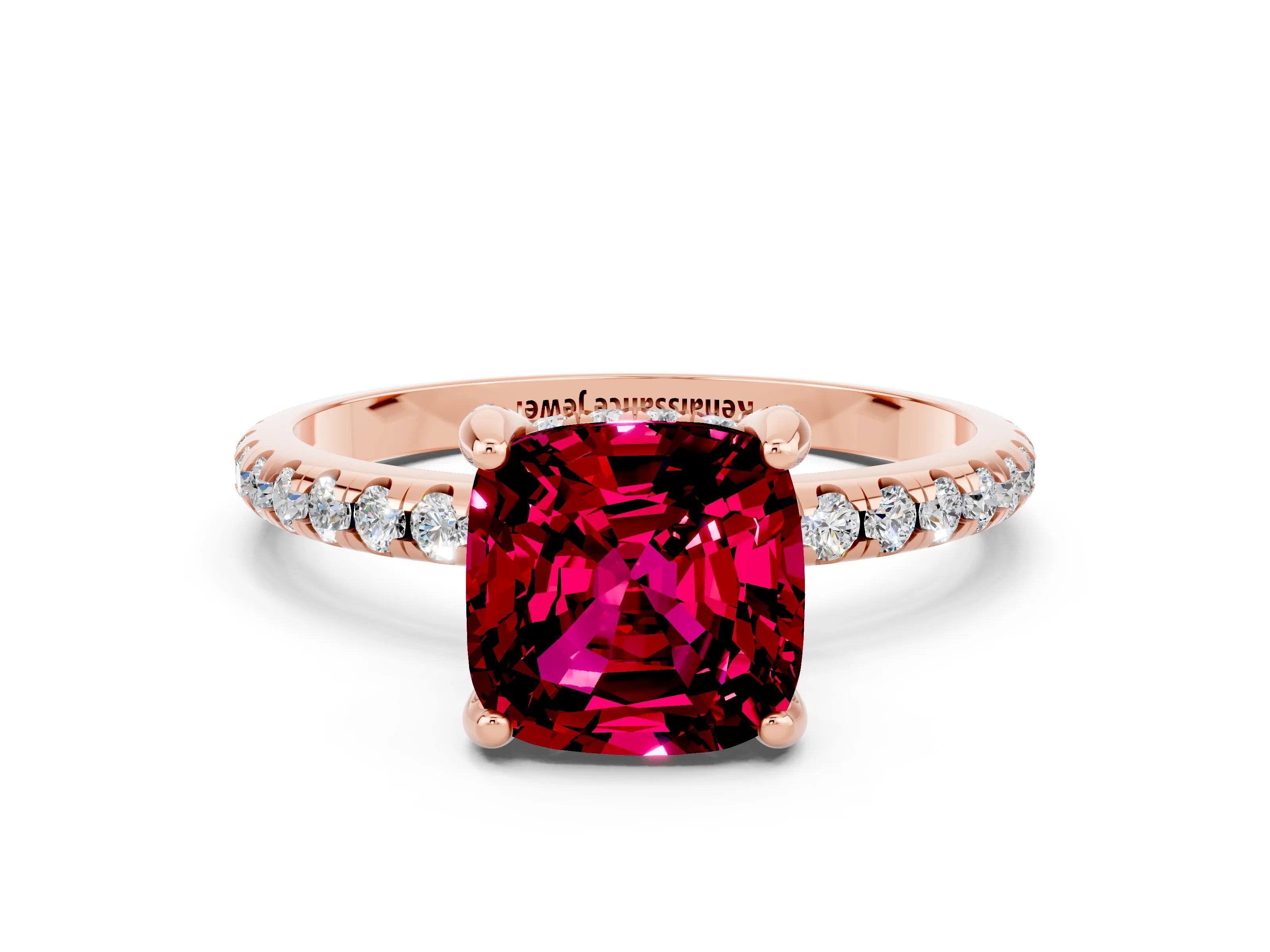 Rose gold Cushion Cut Diamond Solitaire Ring with Four-Prong Setting and Pavé Band