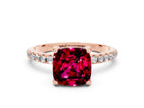 Rose gold Cushion Cut Diamond Solitaire Ring with Four-Prong Setting and Pavé Band