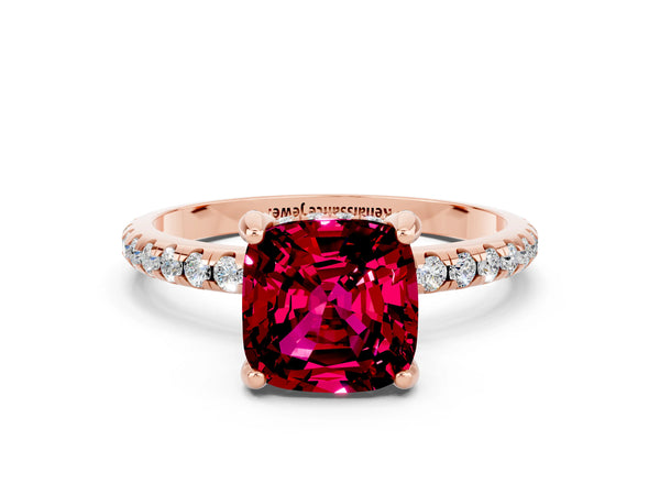Rose gold Cushion Cut Garnet Hidden Halo Engagement Ring with Round Pavé Band and Prong Setting