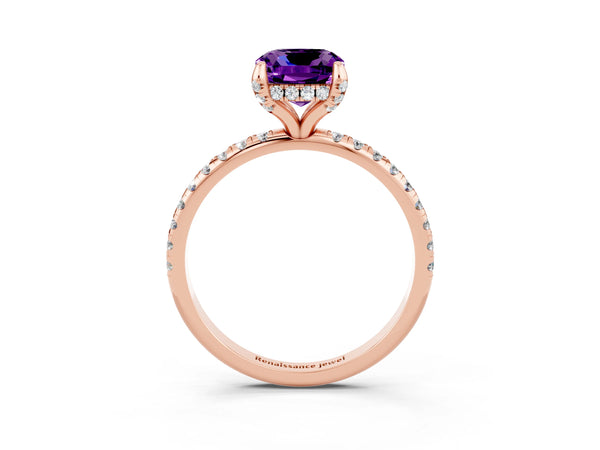 Rose gold Cushion Cut Amethyst Hidden Halo Engagement Ring with Round Pavé Band and Prong Setting