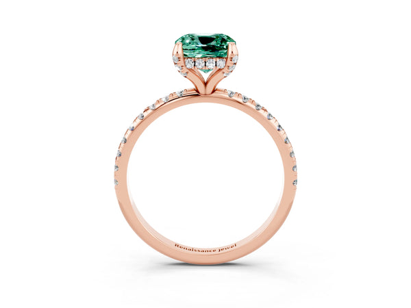 Rose gold Cushion Cut Green Sapphire Hidden Halo Engagement Ring with Round Pavé Band and Prong Setting