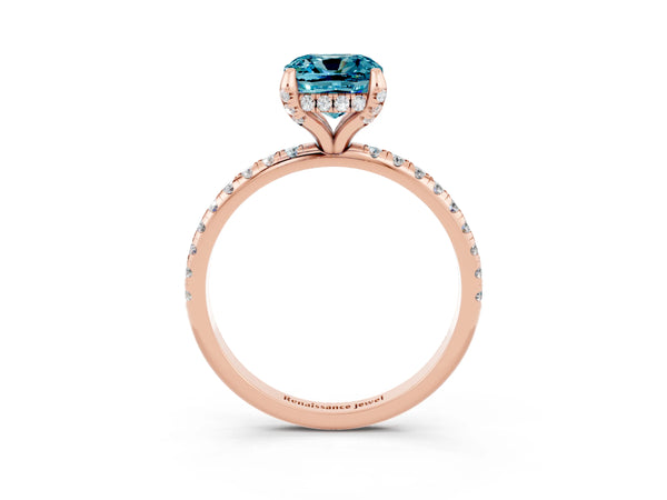 Rose gold Cushion Cut Diamond Solitaire Ring with Four-Prong Setting and Pavé Band