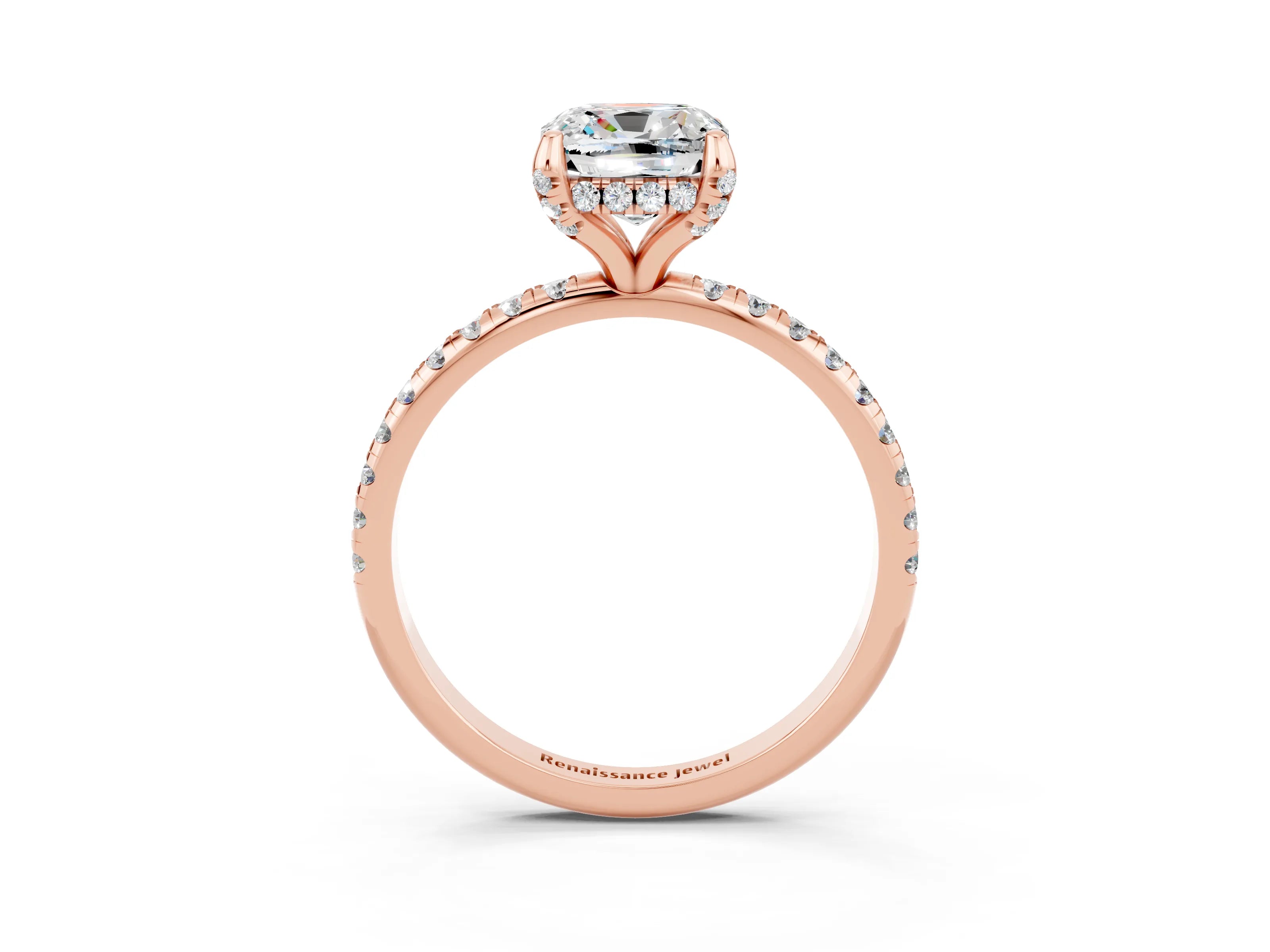 Rose gold Cushion Cut Diamond Solitaire Ring with Four-Prong Setting and Pavé Band_3