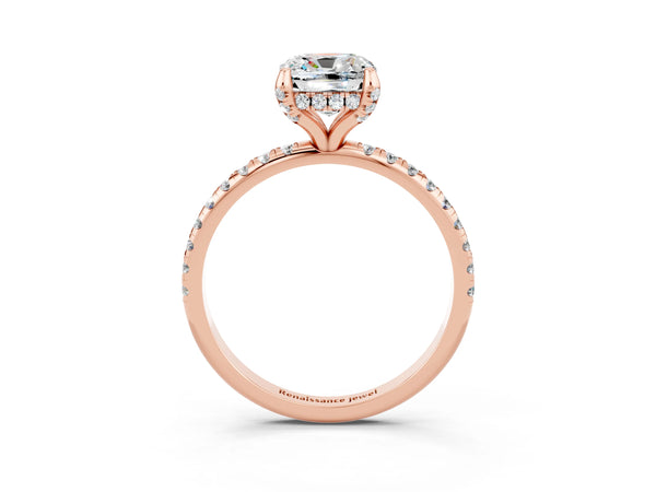Rose gold Cushion Cut Moissanite Hidden Halo Engagement Ring with Round Pavé Band and Prong Setting
