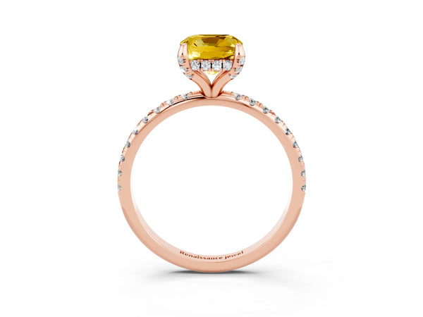 Rose gold Cushion Cut Yellow Sapphire Hidden Halo Engagement Ring with Round Pavé Band and Prong Setting