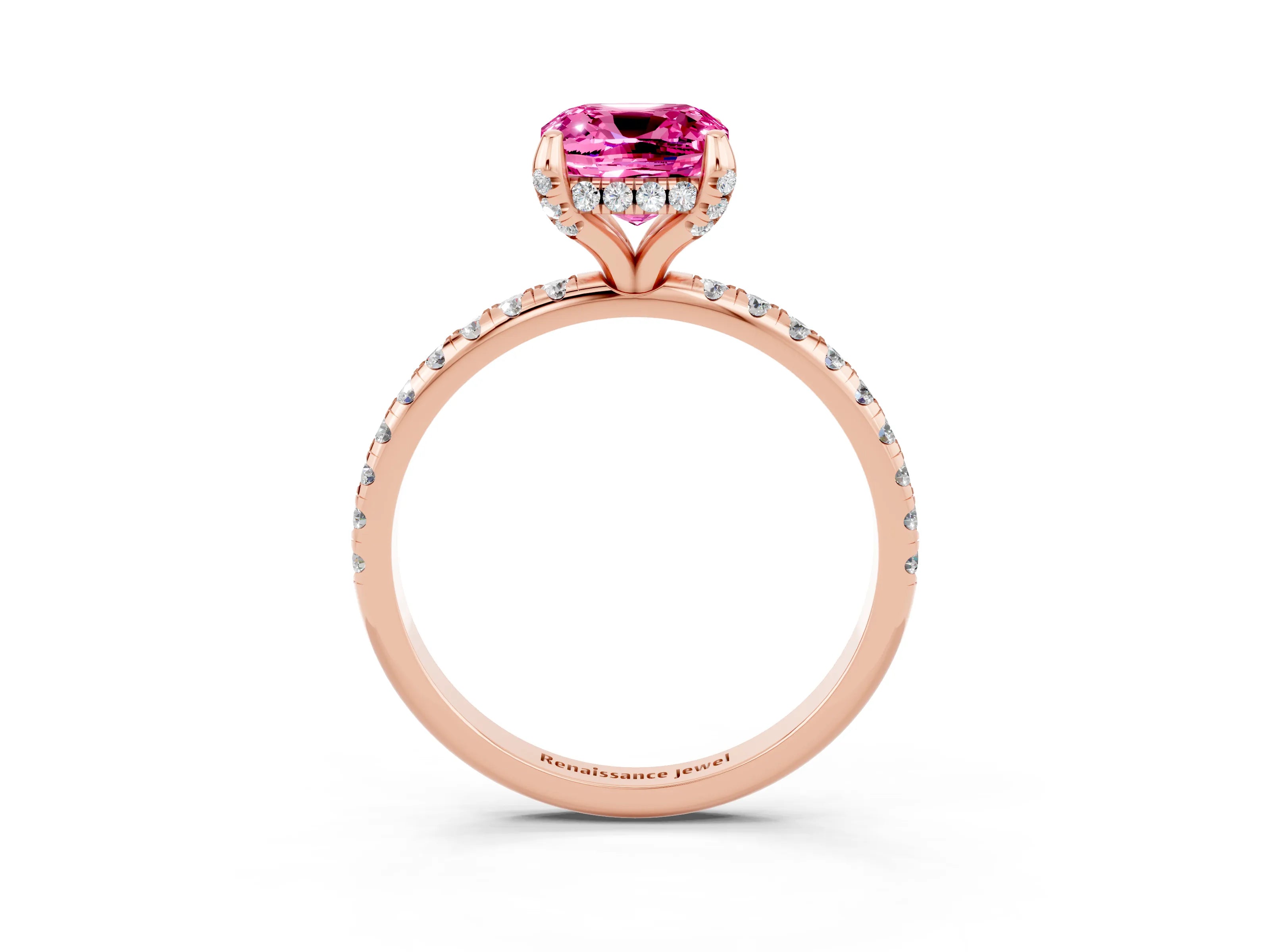 Rose gold Cushion Cut Diamond Solitaire Ring with Four-Prong Setting and Pavé Band_3