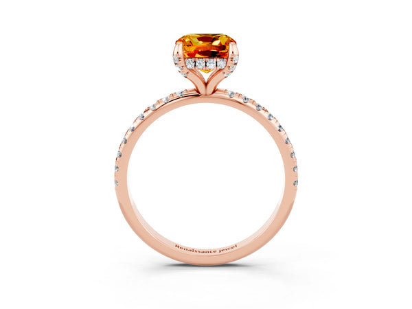 Rose gold Cushion Cut Citrine Hidden Halo Engagement Ring with Round Pavé Band and Prong Setting