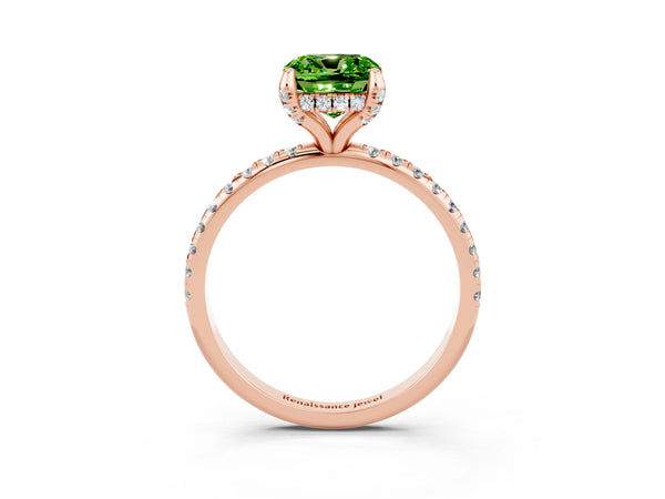 Rose gold Cushion Cut Diamond Solitaire Ring with Four-Prong Setting and Pavé Band