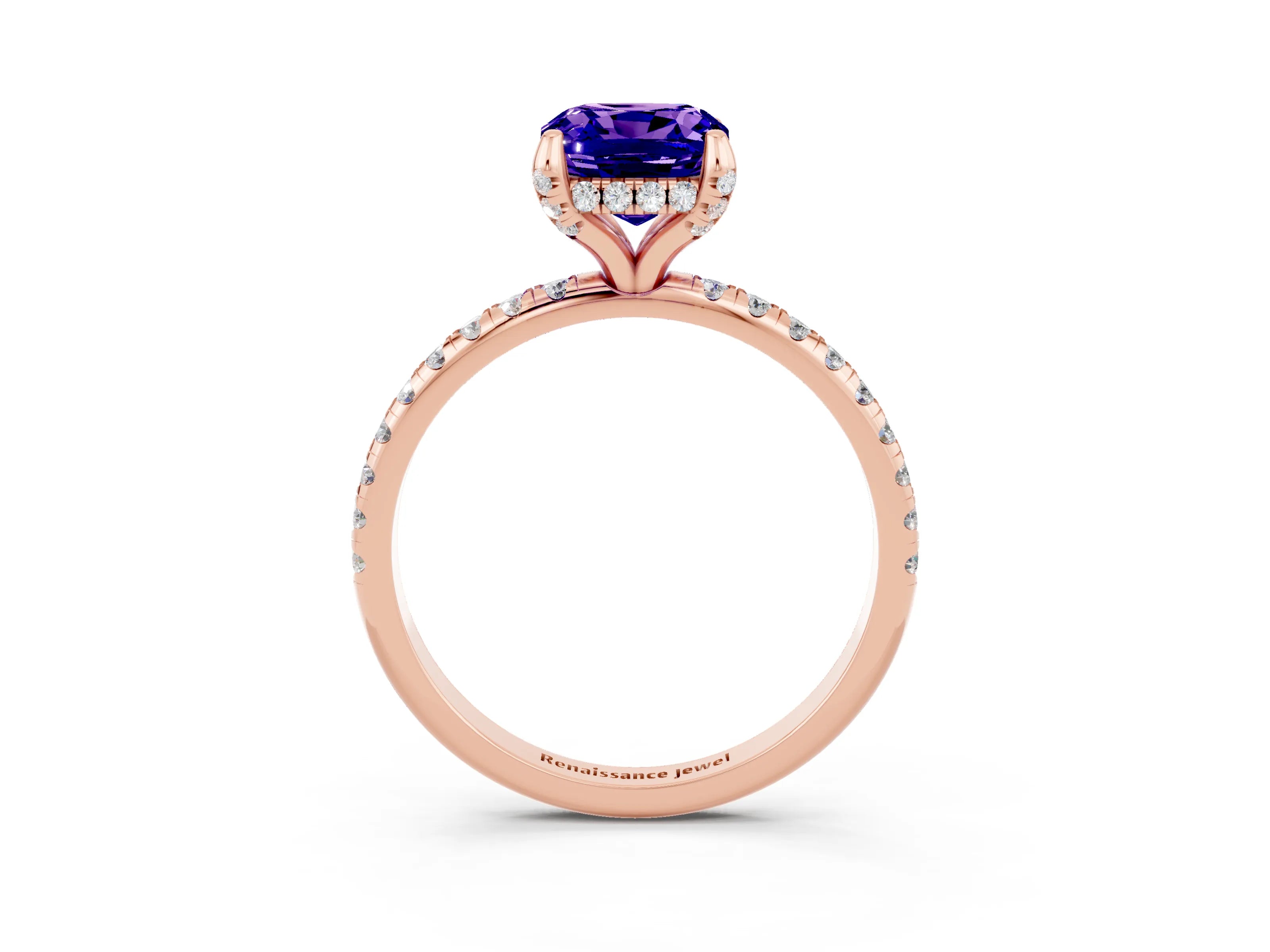 Rose gold Cushion Cut Diamond Solitaire Ring with Four-Prong Setting and Pavé Band_3