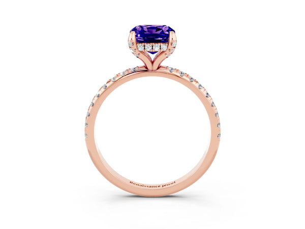 Rose gold Cushion Cut Tanzanite Hidden Halo Engagement Ring with Round Pavé Band and Prong Setting