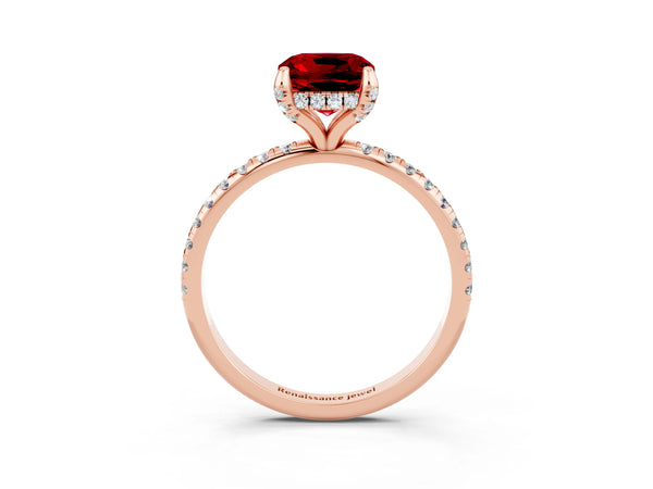 Rose gold Cushion Cut Diamond Solitaire Ring with Four-Prong Setting and Pavé Band
