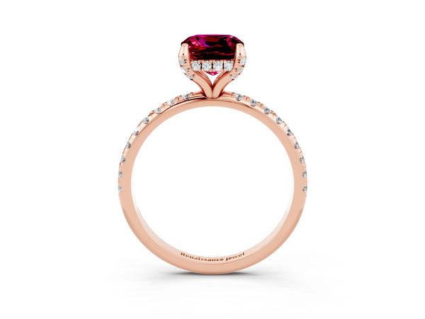 Rose gold Cushion Cut Garnet Hidden Halo Engagement Ring with Round Pavé Band and Prong Setting