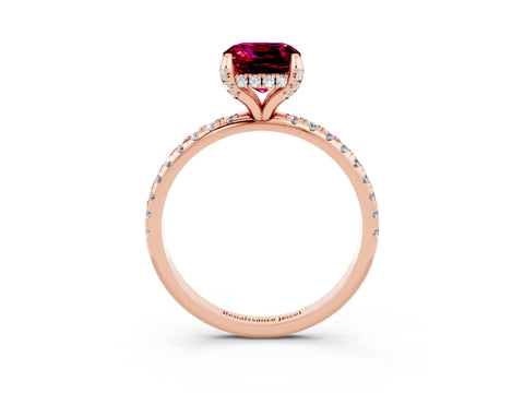 Rose gold Cushion Cut Diamond Solitaire Ring with Four-Prong Setting and Pavé Band_3