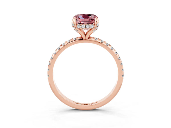 Rose gold Cushion Cut Diamond Solitaire Ring with Four-Prong Setting and Pavé Band