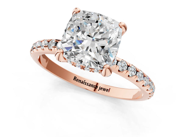 Rose gold Cushion Cut Diamond Solitaire Ring with Four-Prong Setting and Pavé Band
