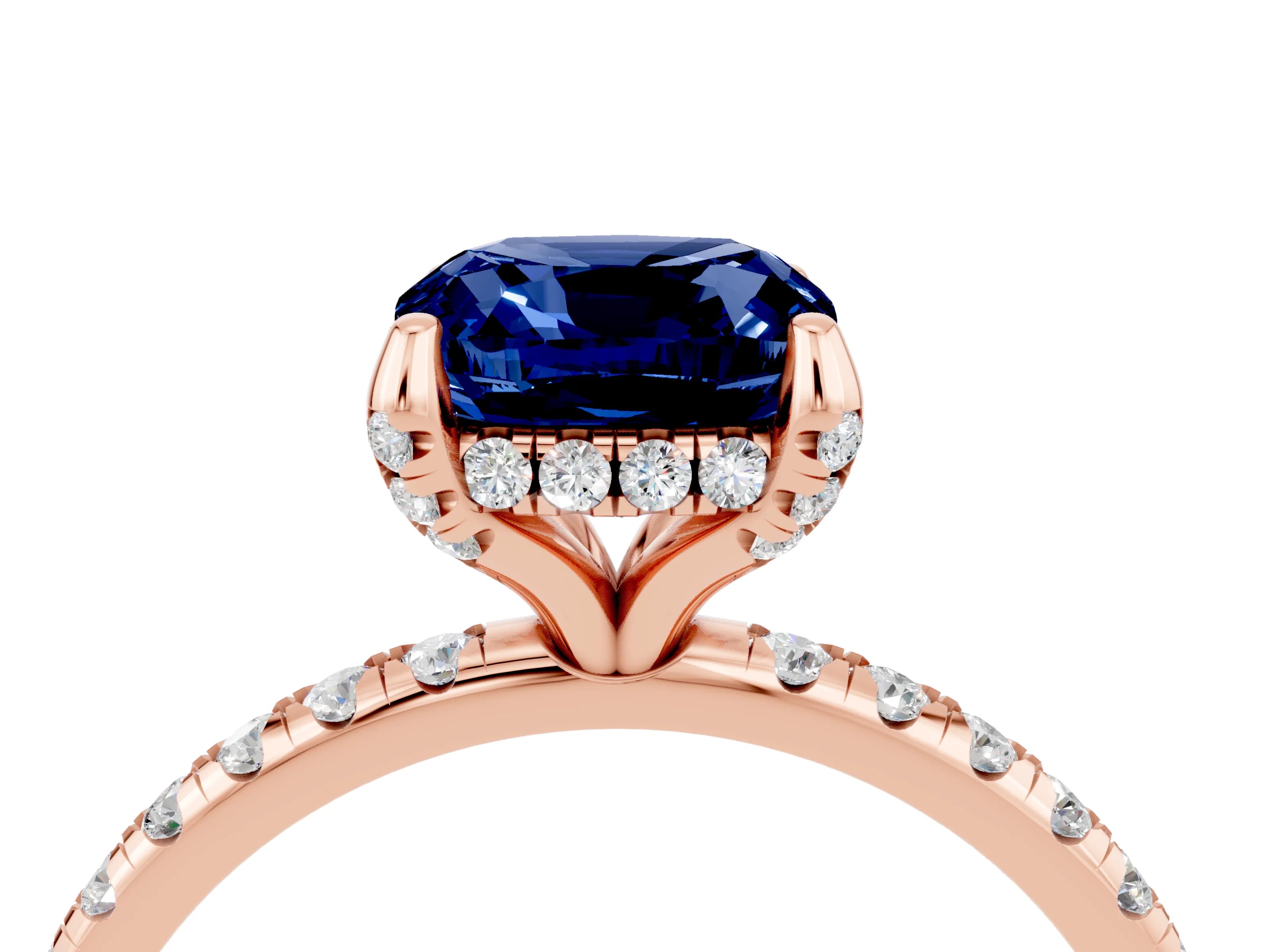 Rose gold Cushion Cut Diamond Solitaire Ring with Four-Prong Setting and Pavé Band_4