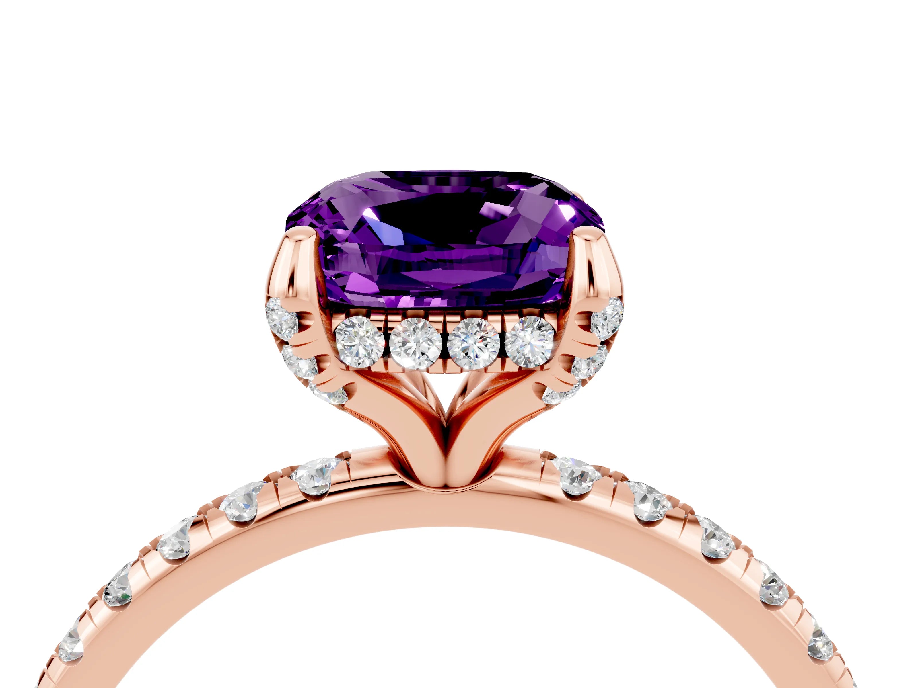 Rose gold Cushion Cut Diamond Solitaire Ring with Four-Prong Setting and Pavé Band_4