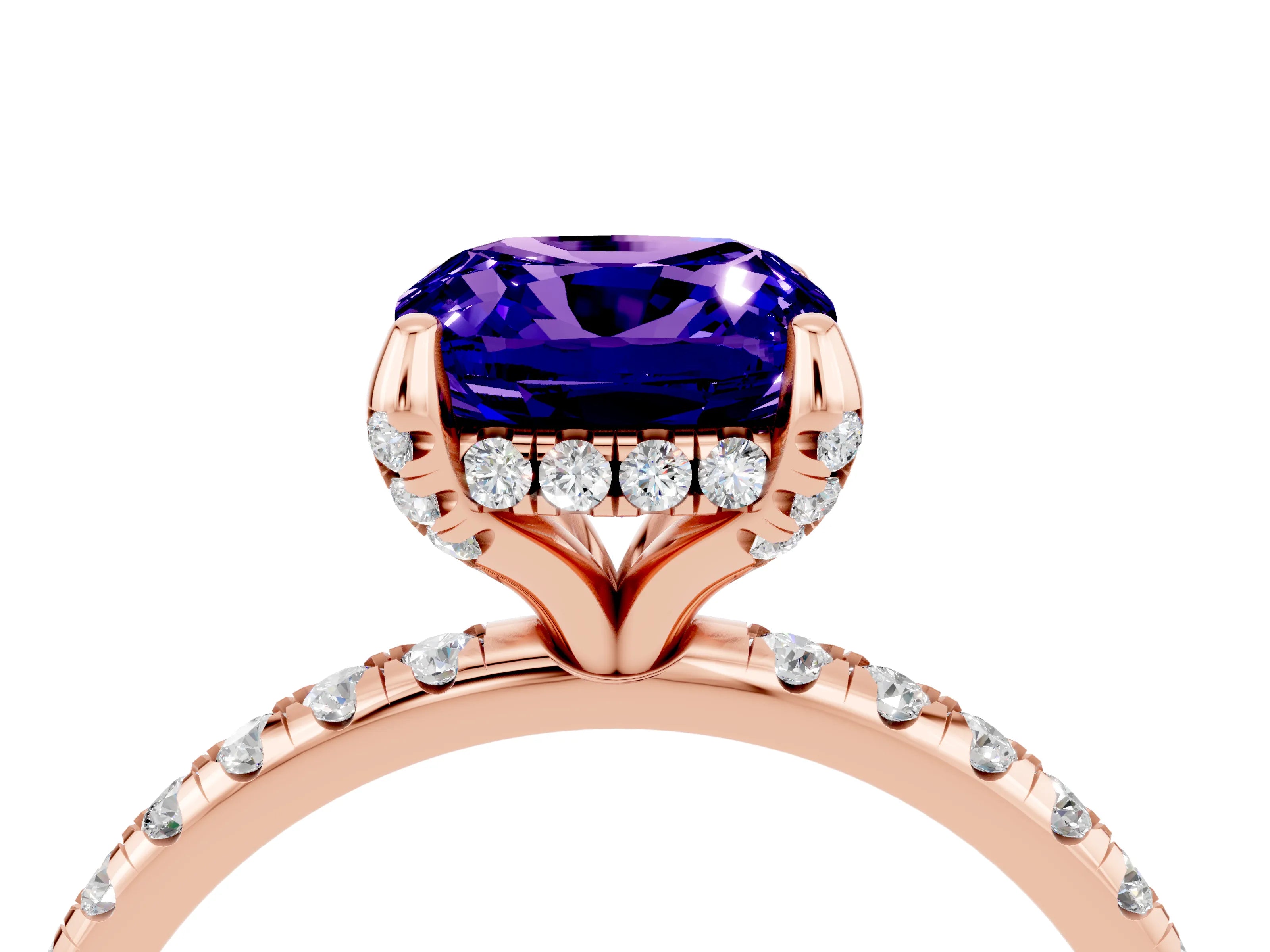 Rose gold Cushion Cut Diamond Solitaire Ring with Four-Prong Setting and Pavé Band_4