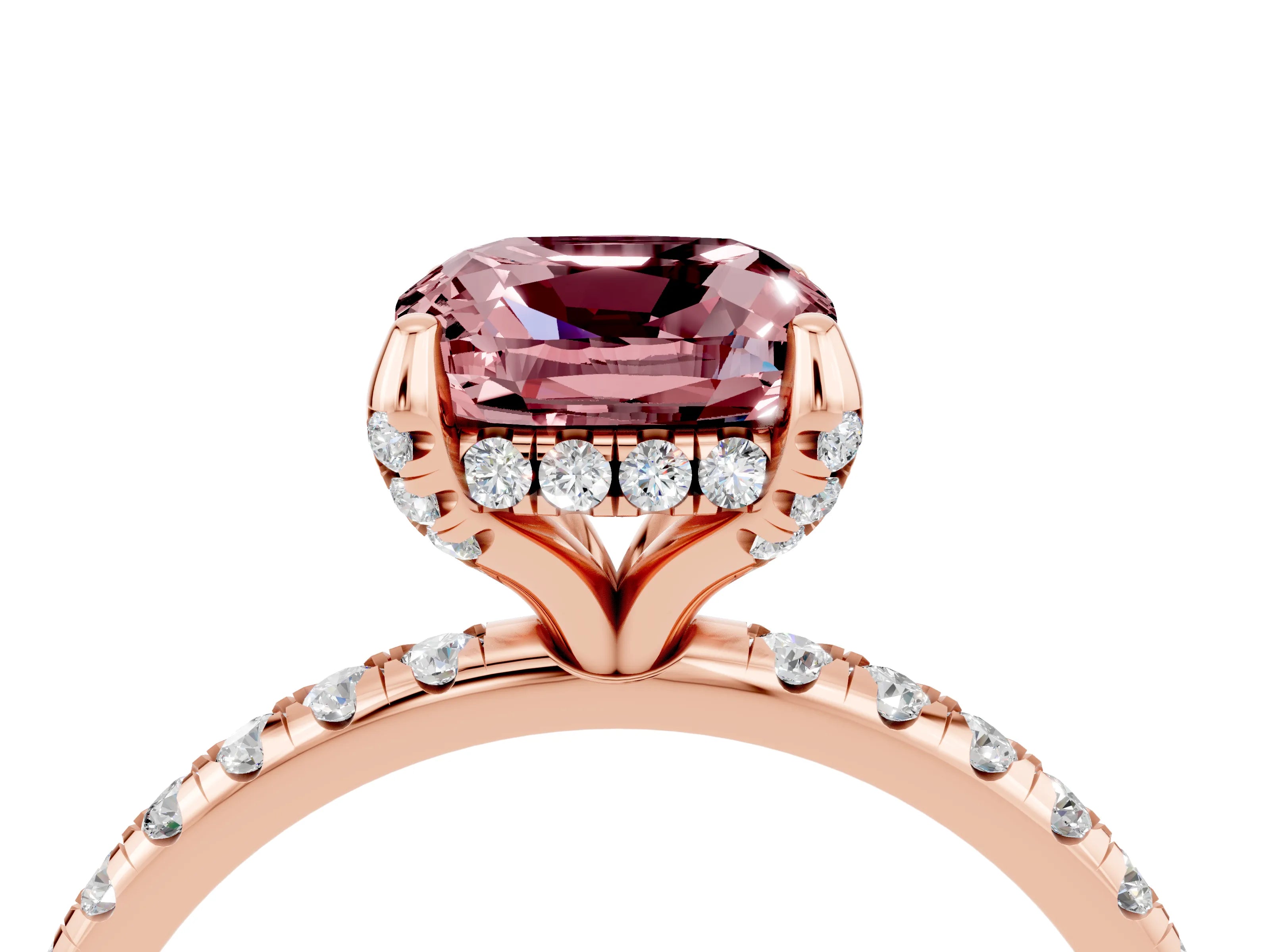 Rose gold Cushion Cut Diamond Solitaire Ring with Four-Prong Setting and Pavé Band_4