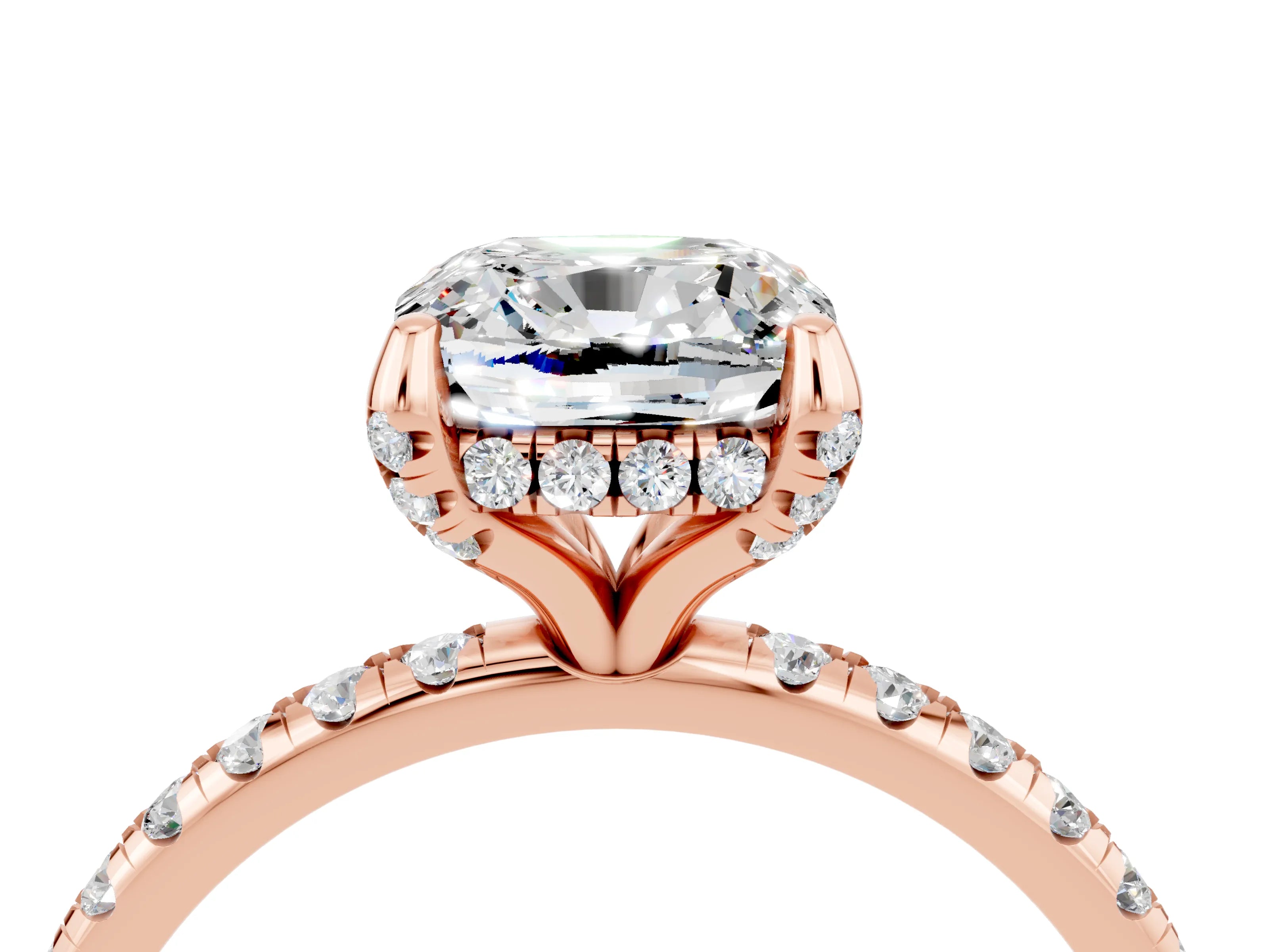Rose gold Cushion Cut Diamond Solitaire Ring with Four-Prong Setting and Pavé Band_4
