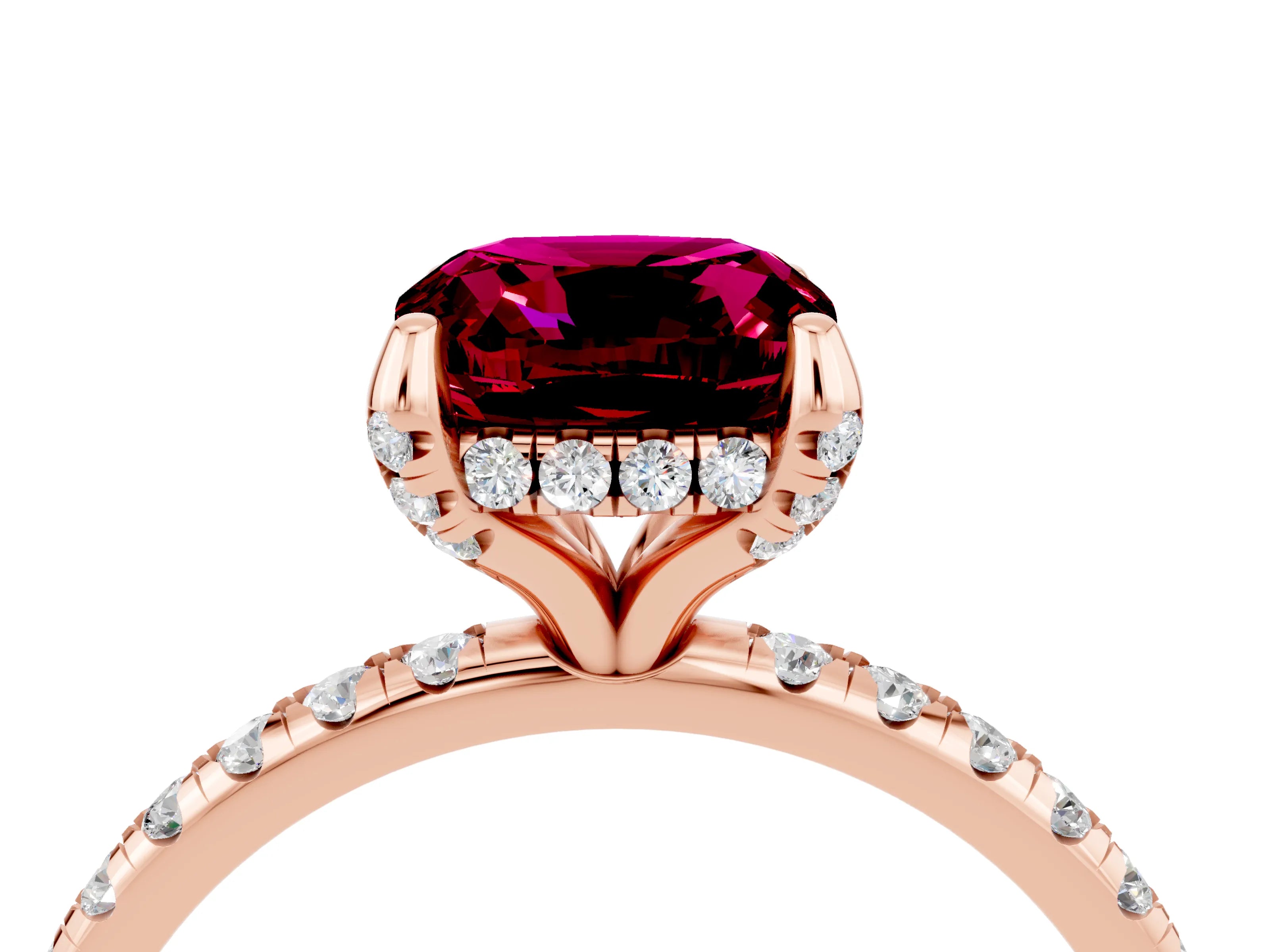 Rose gold Cushion Cut Diamond Solitaire Ring with Four-Prong Setting and Pavé Band_4