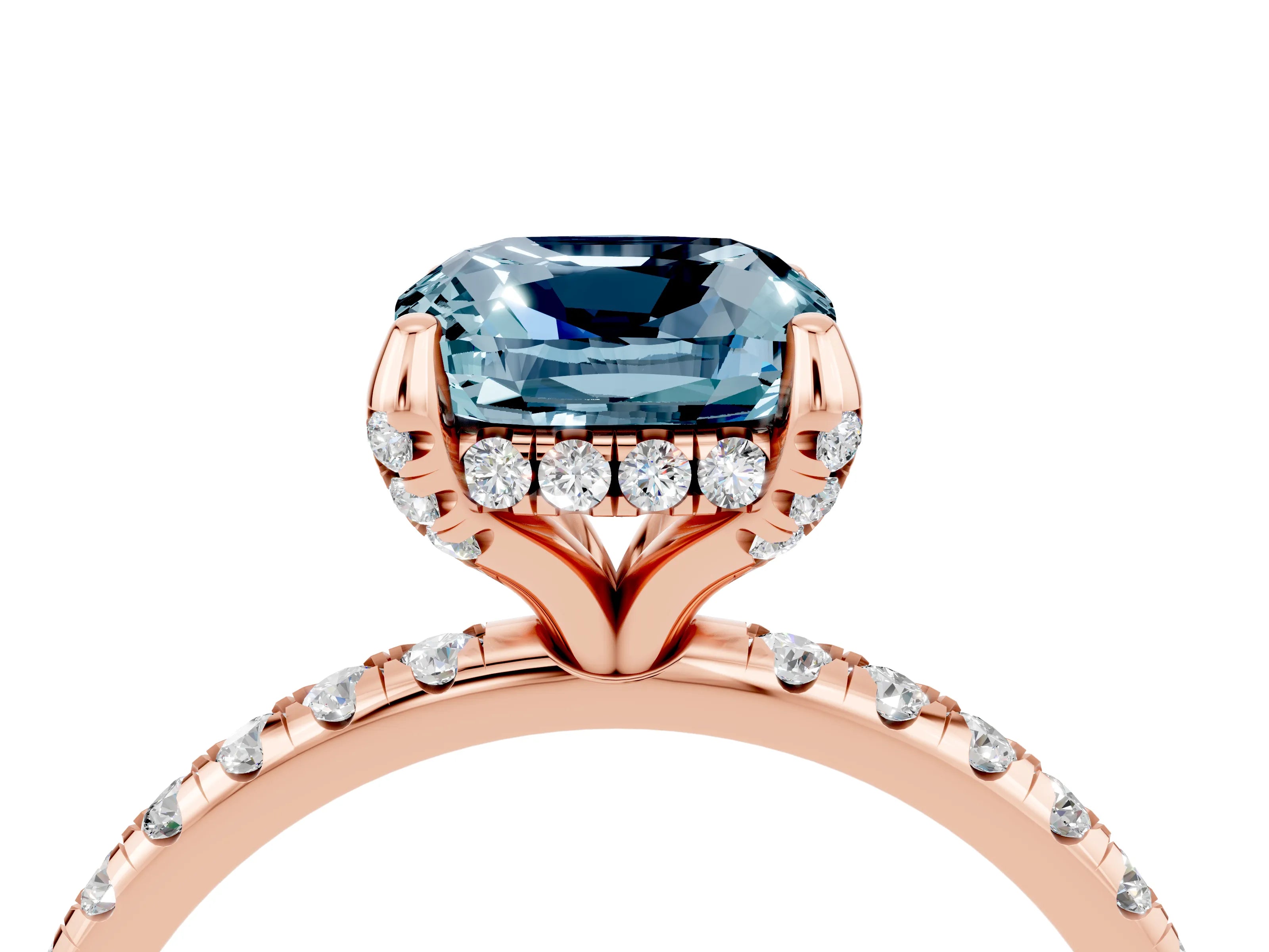 Rose gold Cushion Cut Diamond Solitaire Ring with Four-Prong Setting and Pavé Band_4