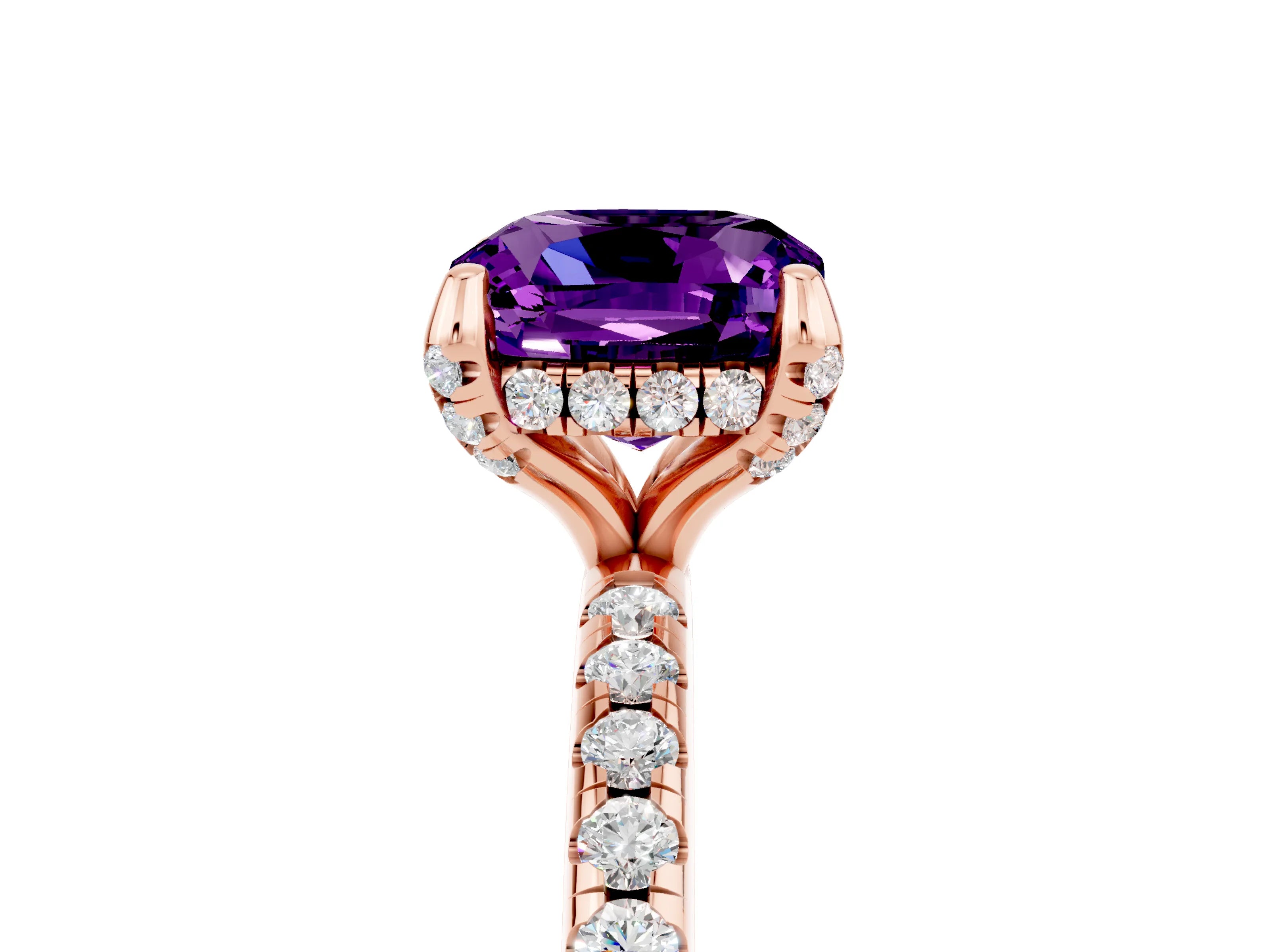 Rose gold Cushion Cut Diamond Solitaire Ring with Four-Prong Setting and Pavé Band_5