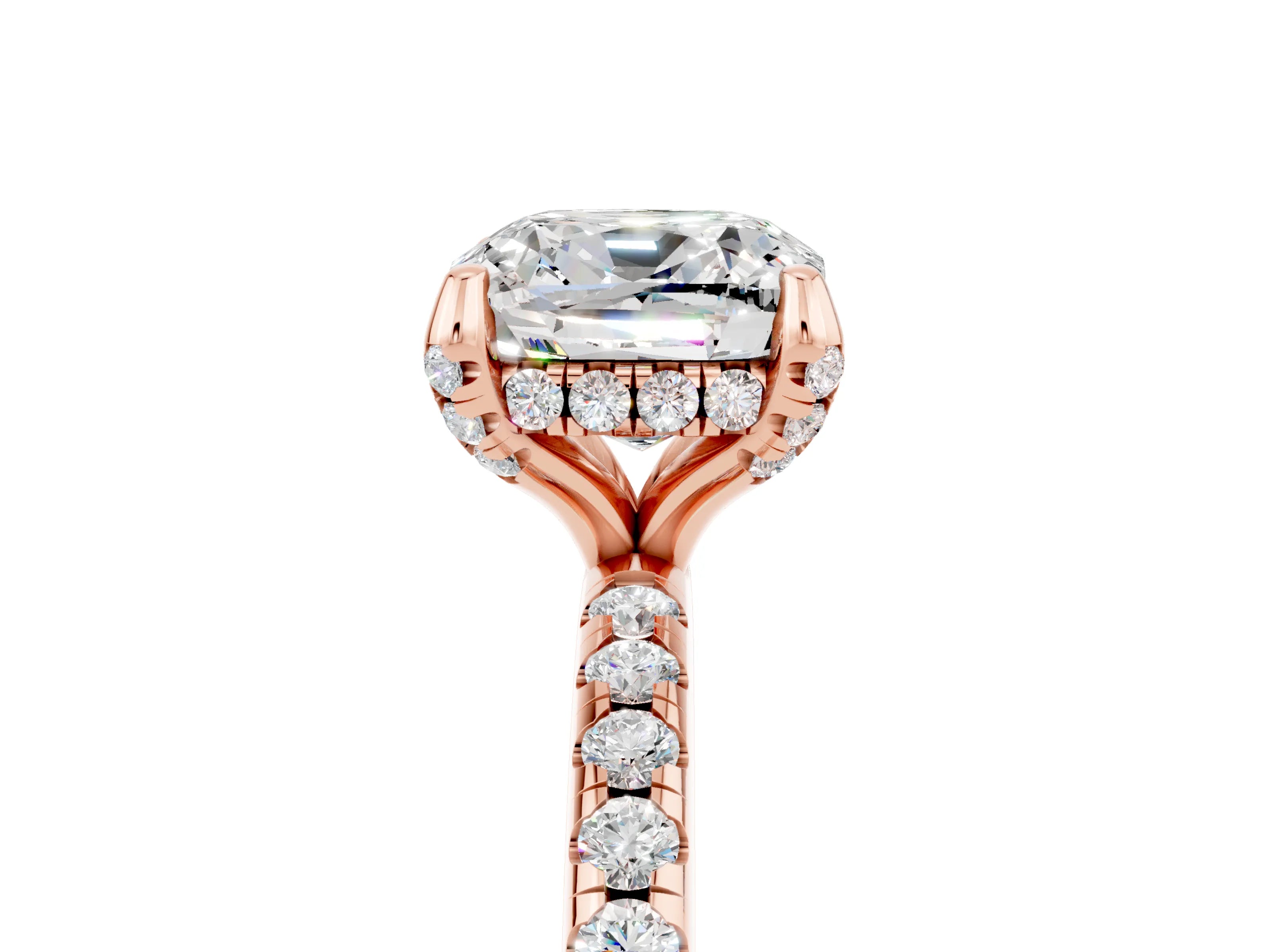 Rose gold Cushion Cut Diamond Solitaire Ring with Four-Prong Setting and Pavé Band_5