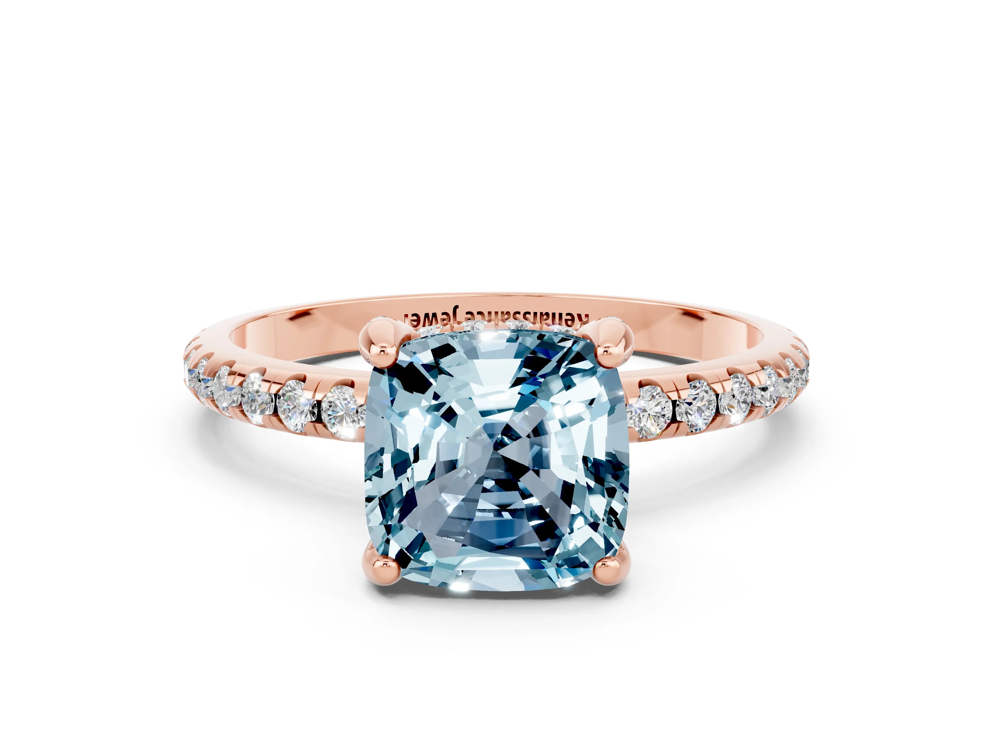 Rose gold Cushion Cut Diamond Solitaire Ring with Four-Prong Setting and Pavé Band