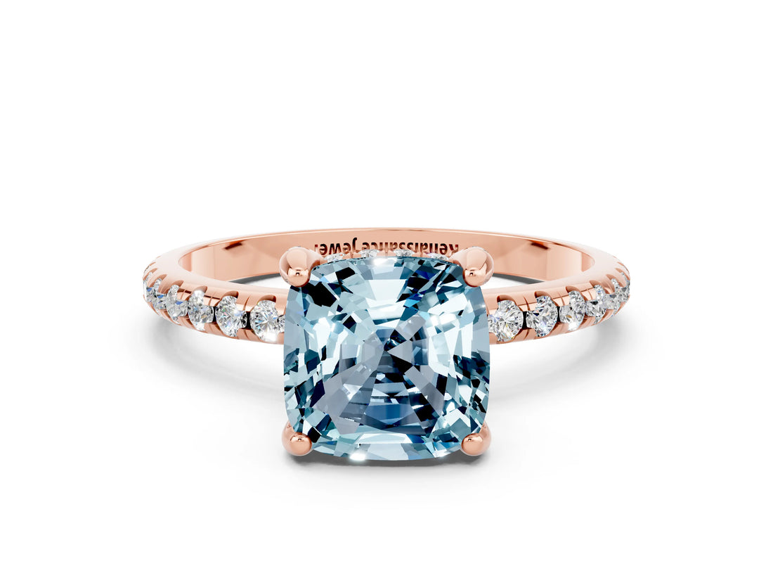 Rose gold Cushion Cut Diamond Solitaire Ring with Four-Prong Setting and Pavé Band