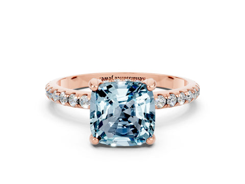 Rose gold Cushion Cut Diamond Solitaire Ring with Four-Prong Setting and Pavé Band