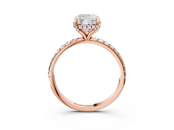 Rose gold Cushion Cut Diamond Solitaire Ring with Four-Prong Setting and Pavé Band